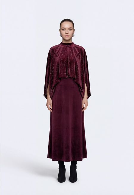 Velvet Dress with Cape Overlay Set (2PCS)