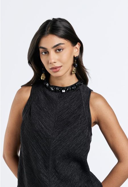 Textured Plisse Beaded Top