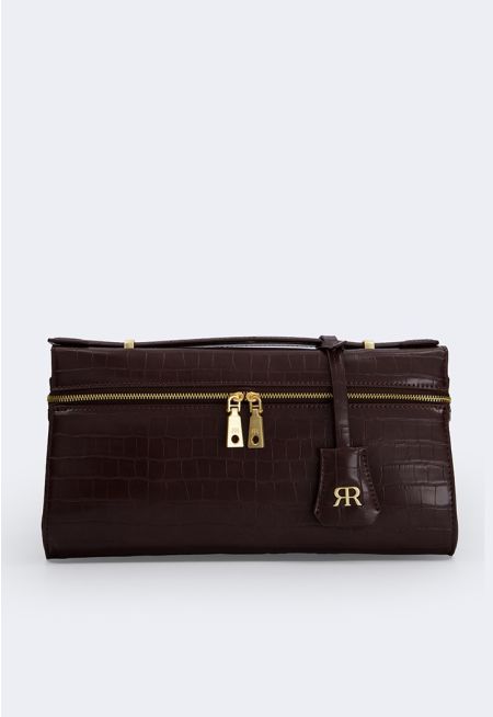 Solid Faux Crocodile Leather Clutch