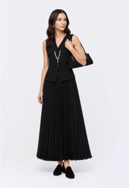 Pleated Maxi Dress With Attached Vest