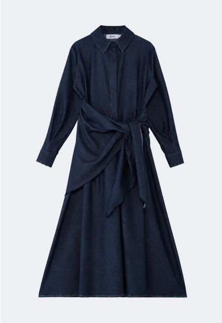 Denim Maxi Dress Scarf Detail