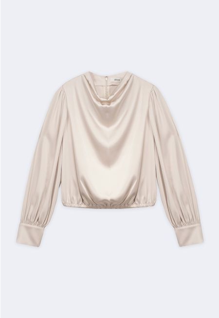 Elastic-Hem Satin Blouse