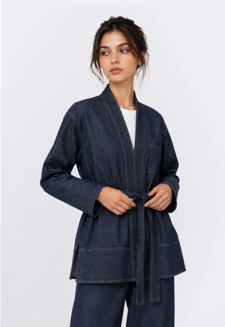 Tie-Belt Denim Kimono