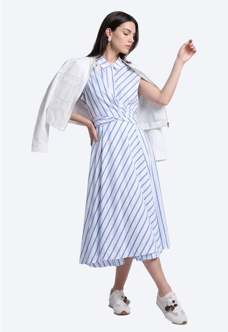 Wrapped Waist Striped Midi Dress