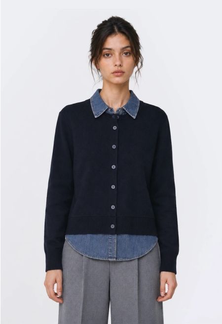 Denim Panel Knitted Cardigan