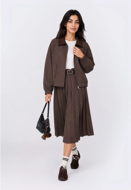 Checkered Pleated Midi Skirt