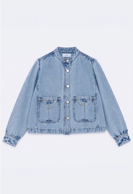 Denim Jacket with Chain-Link Accents