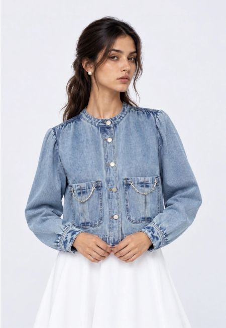 Denim Jacket with Chain-Link Accents