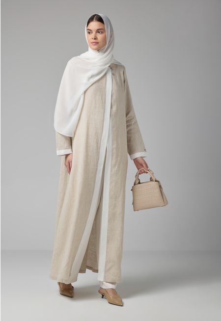 Contrast Linen Maxi Abaya With Hijab