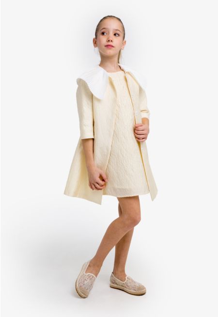 Textured Pleated Collar Dress & Jacket Set