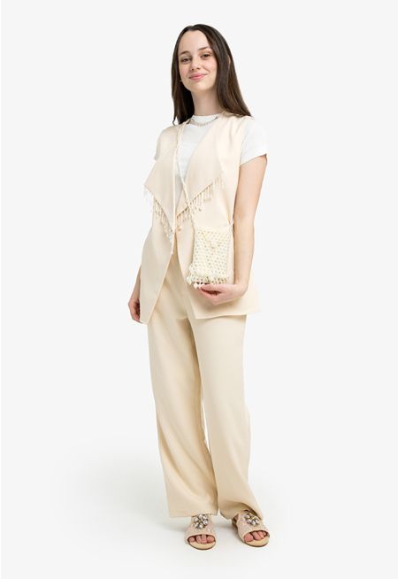 Faux Pearl Embellished Blazer & Solid Trousers Set
