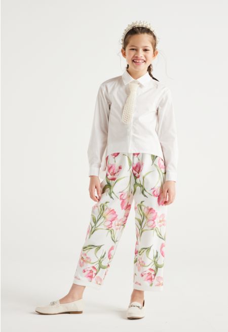 Solid Shirt and Floral Trousers Set (2PCS)