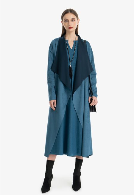 Suede Textured Notched Open Abaya -Sale