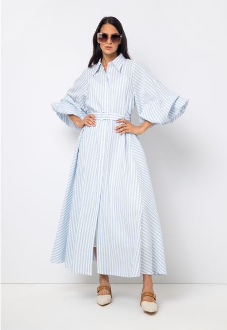Striped Belted Flared Balloon Sleeve Dress Set (2 PCS)