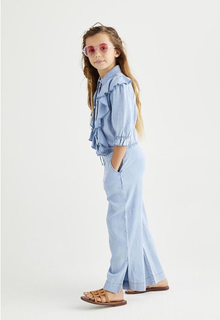 Ruffled Denim Shirt and Pants Set (2PCS)