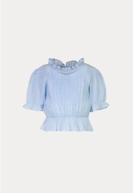 Frill Trim Smoking Puff Sleeves Blouse -Sale