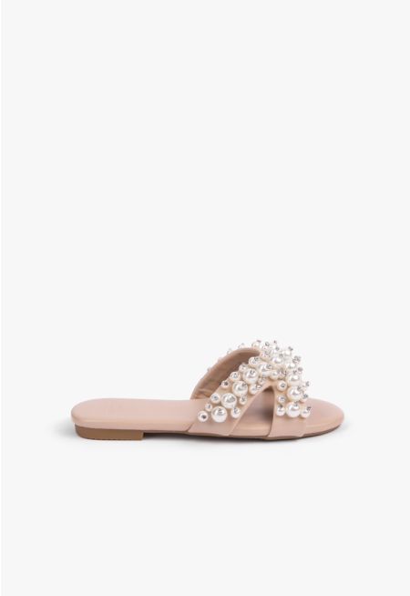 X Shaped Faux Pearls Flat Slides