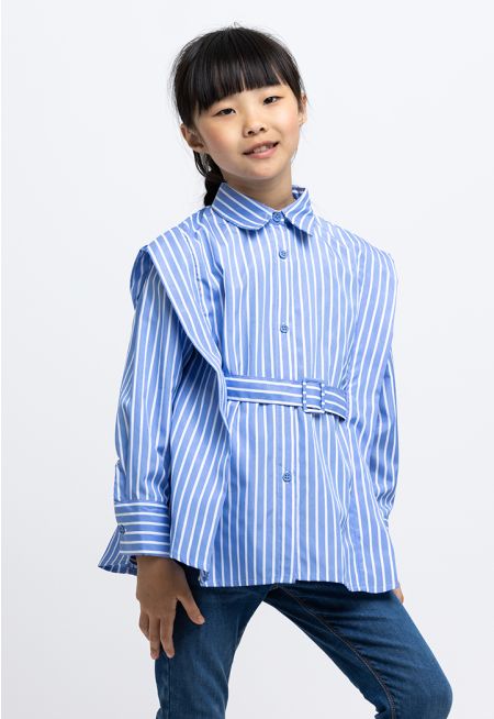 Striped Button Down Collared Shirt With Waist Belt -Sale