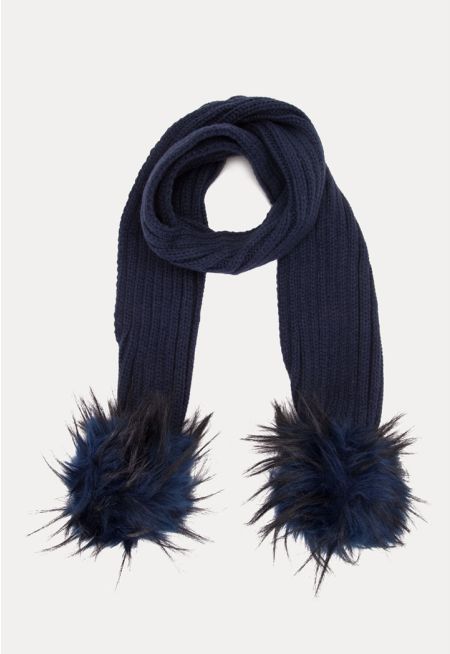 Winter Knit Scarf With Detachable Fur Pom Poms 