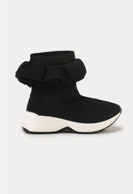 Fly Knit Solid Ruched Details Ankle Boots -Sale