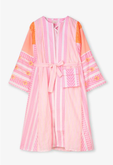 Strap Neck Printed Dress & Abaya Set