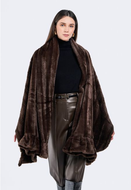 Ruffled Hems Faux Fur Shawl