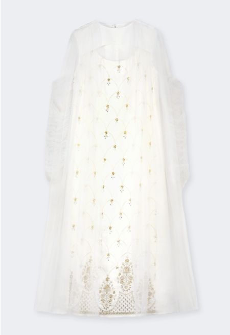 Attached Mesh Sleeves Dress