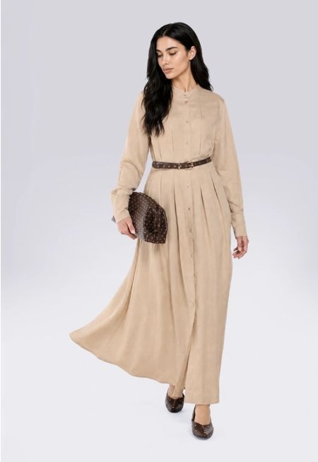 Solid Mandarin Collar Maxi Dress