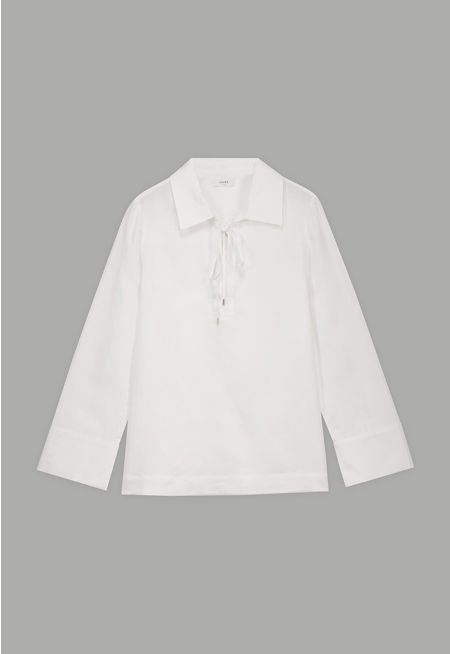 Drawstring Collar Long Sleeve Shirt 