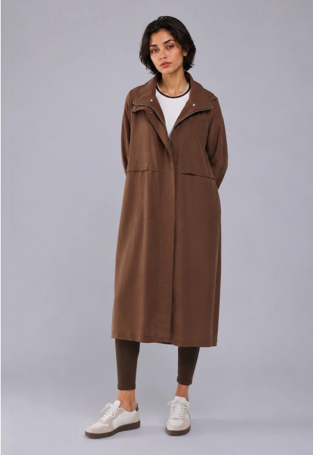Solid Drawstring Waist Midi Jacket