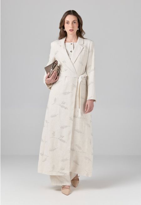 Beads Embellished Textured Belted Coat
