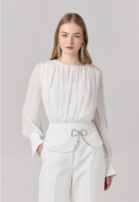 Crystal Embellished Bow Organza Gathered Blouse