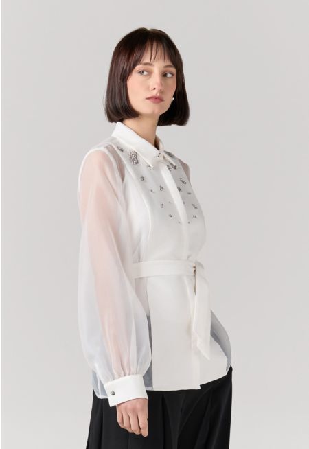 Organza Details Crystal Embellished Shirt 