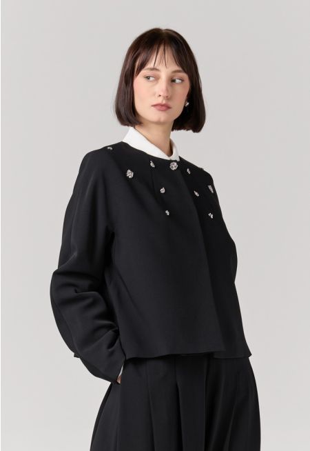 Solid Crystal Embellished Cropped Jacket