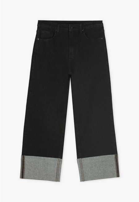 Folded Hem Solid Denim Trousers