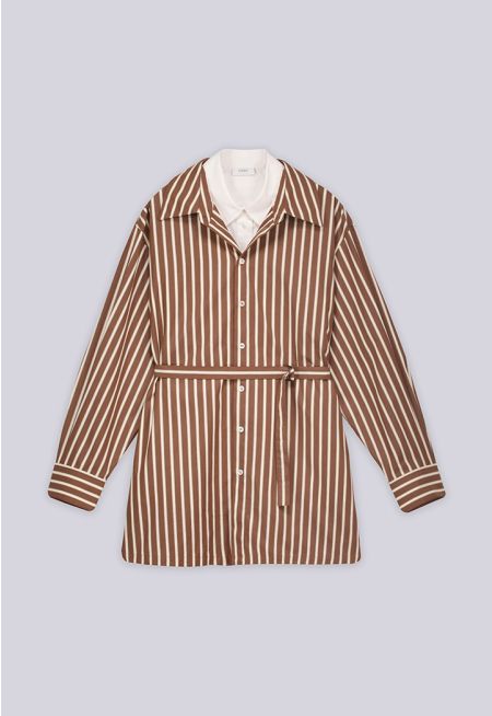 Contrast Striped Belted Long Shirt 