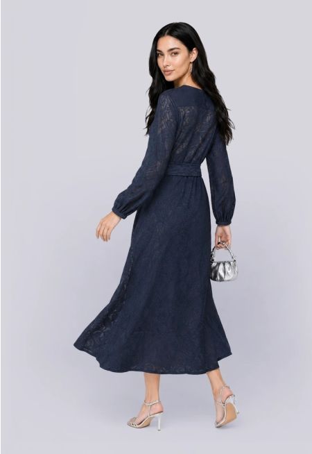 Floral Embroidered Belted Maxi Dress