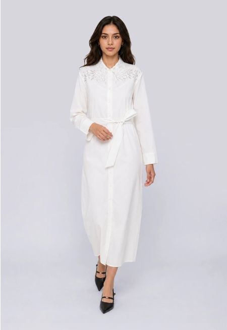 Laser-Cut Details Belted Maxi Shirt Dress