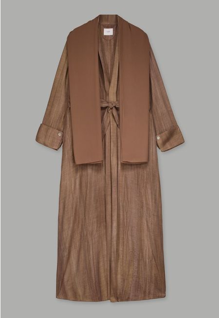 Long Sleeves Crinkled Maxi Open Abaya With Hijab (2Pcs)