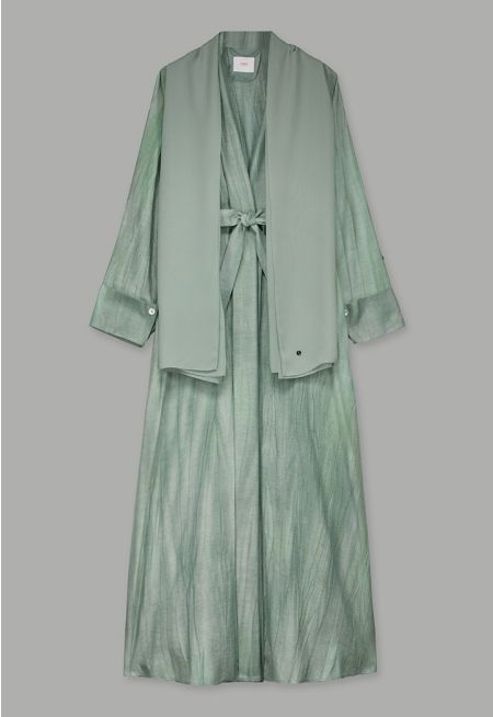 Long Sleeves Crinkled Maxi Open Abaya With Hijab (2Pcs)