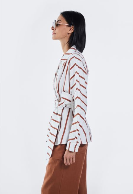 Striped Wrap Belted Kimono