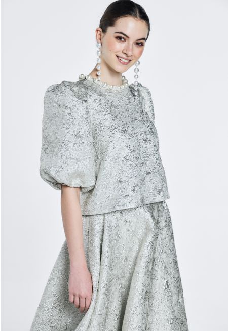 Metallic Jacquard Puff Sleeves Top