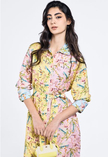 فستان ماكسي بتصميم قميص بطباعة أزهار و حزام