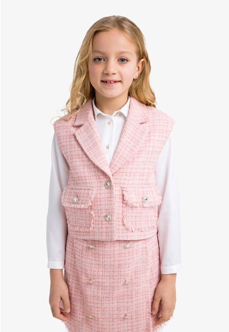 Sleeveless Tweed Open Gilet