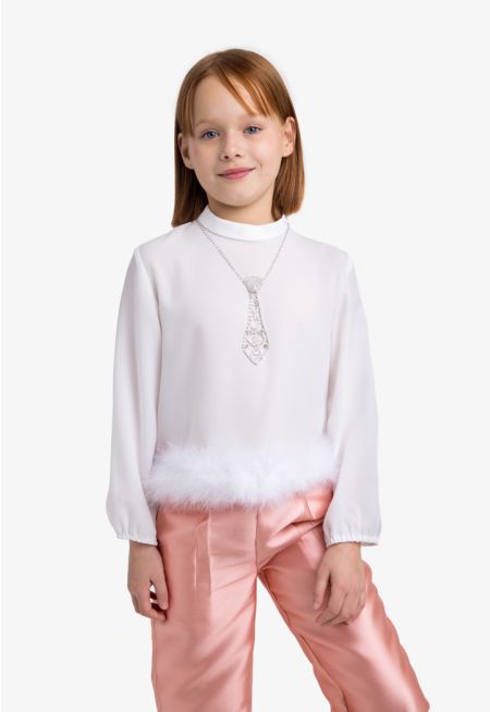 Feather Hem Top with Necklace