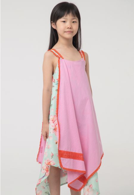 Floral Plaid Handkerchief Cut Sleeveless Dress -Sale