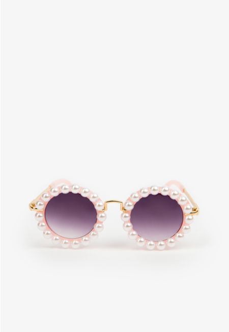 Faux Pearls Embellished Round Gradient Sunglasses