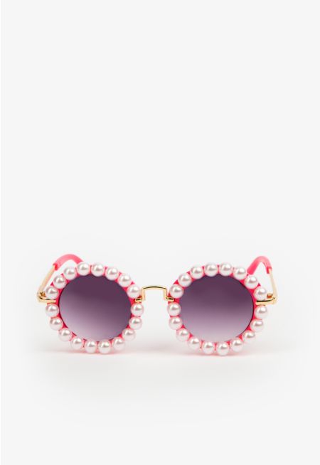 Faux Pearls Embellished Round Gradient Sunglasses