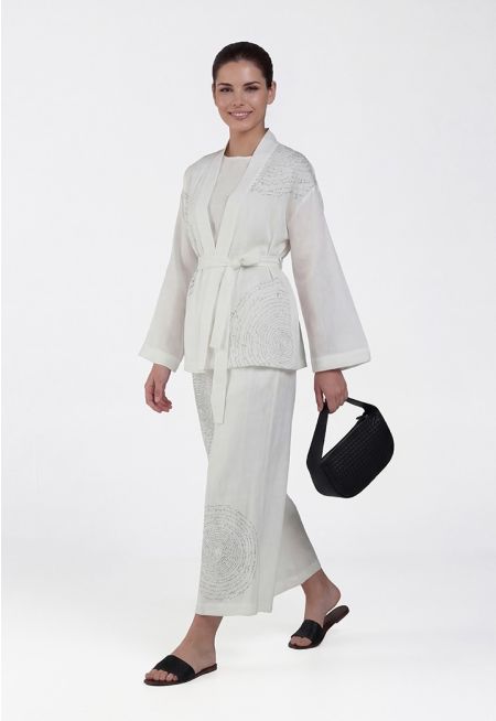 Arabic Script Detail Linen Trousers