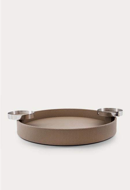 Leather Embellished Round Tray With Coasters